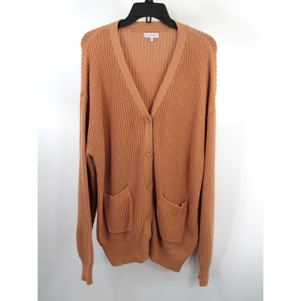 QUALFORT Cardigan Long Sweater Womens Large Beige Chunky Knit Pockets Academia